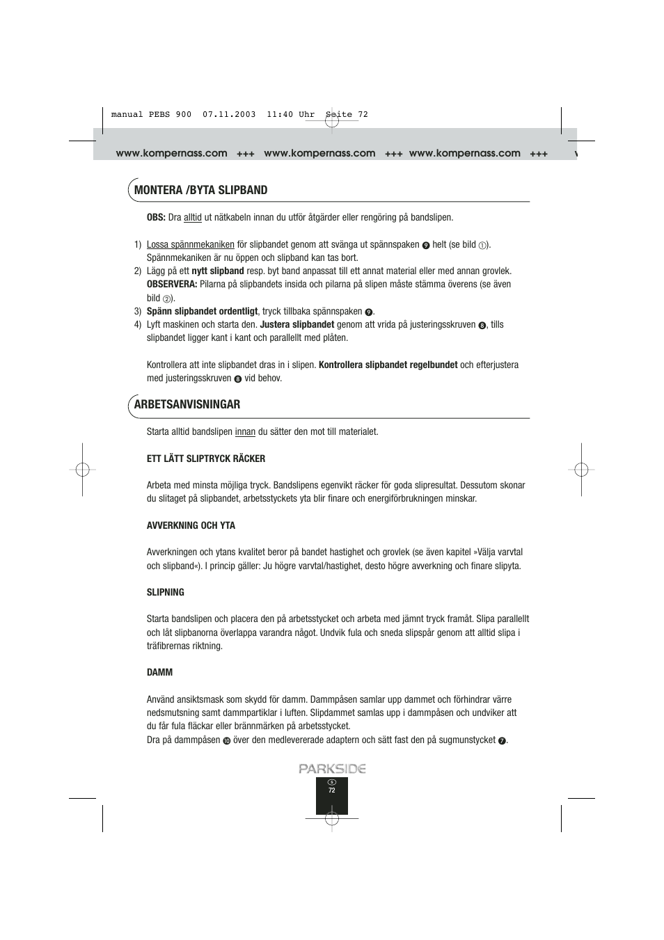 Montera /byta slipband, Arbetsanvisningar | Kompernass PEBS 900 User Manual | Page 72 / 79