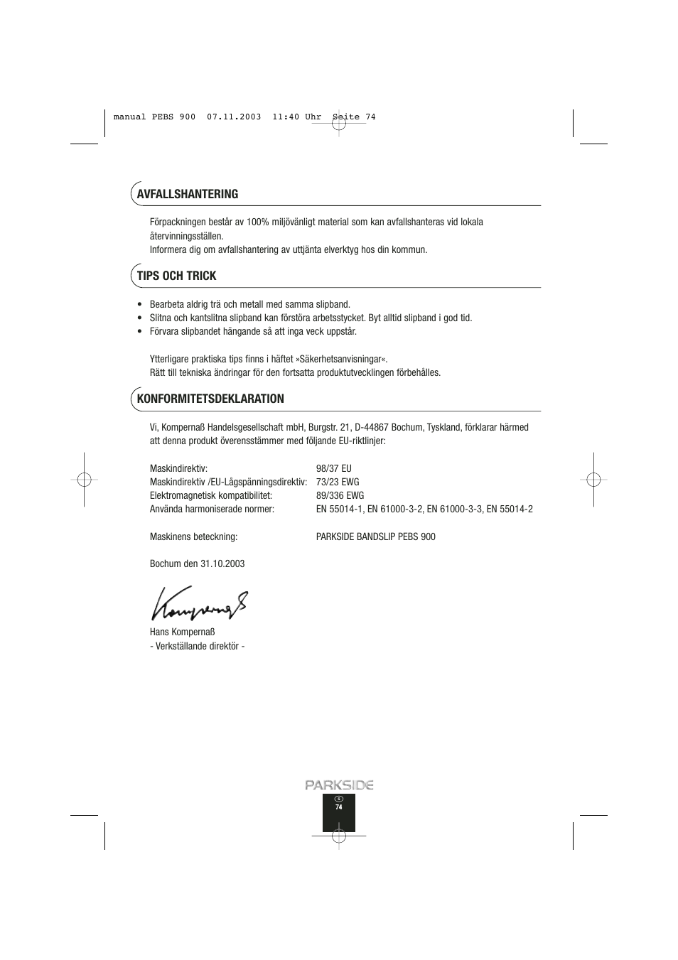 Avfallshantering, Tips och trick, Konformitetsdeklaration | Kompernass PEBS 900 User Manual | Page 74 / 79