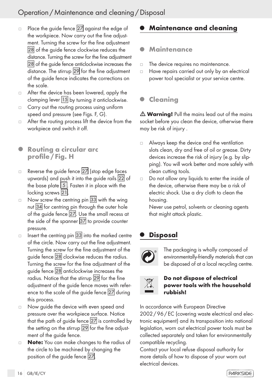 Operation / maintenance and cleaning / disposal, Routing a circular arc profile / fig. h, Maintenance and cleaning | Maintenance, Cleaning, Disposal | Kompernass POF1300 User Manual | Page 14 / 16