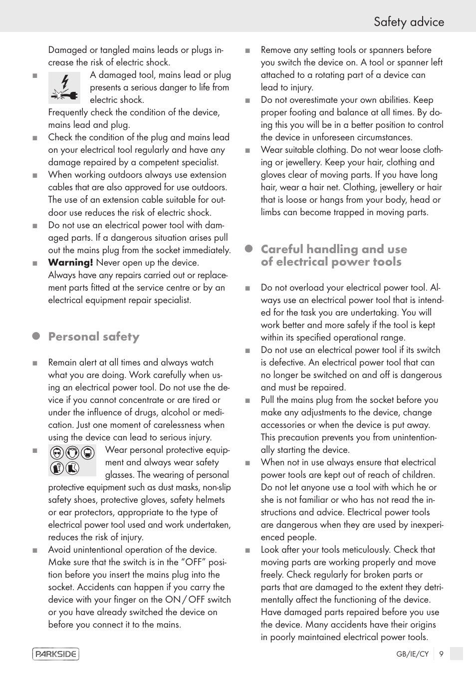 Safety advice, Personal safety, Careful handling and use of electrical power tools | Kompernass POF1300 User Manual | Page 7 / 16