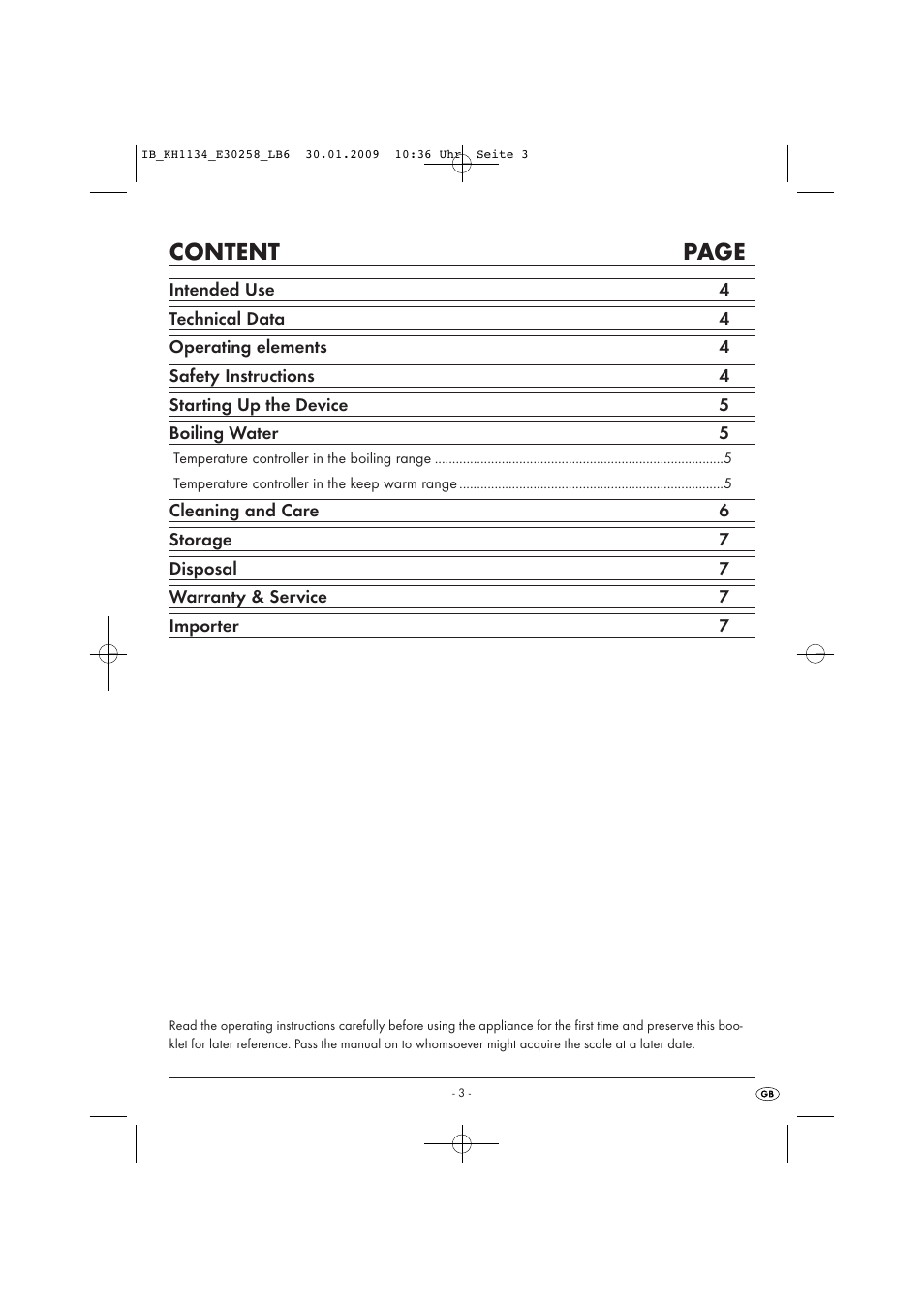 Content page | Kompernass KH 1134 User Manual | Page 3 / 7