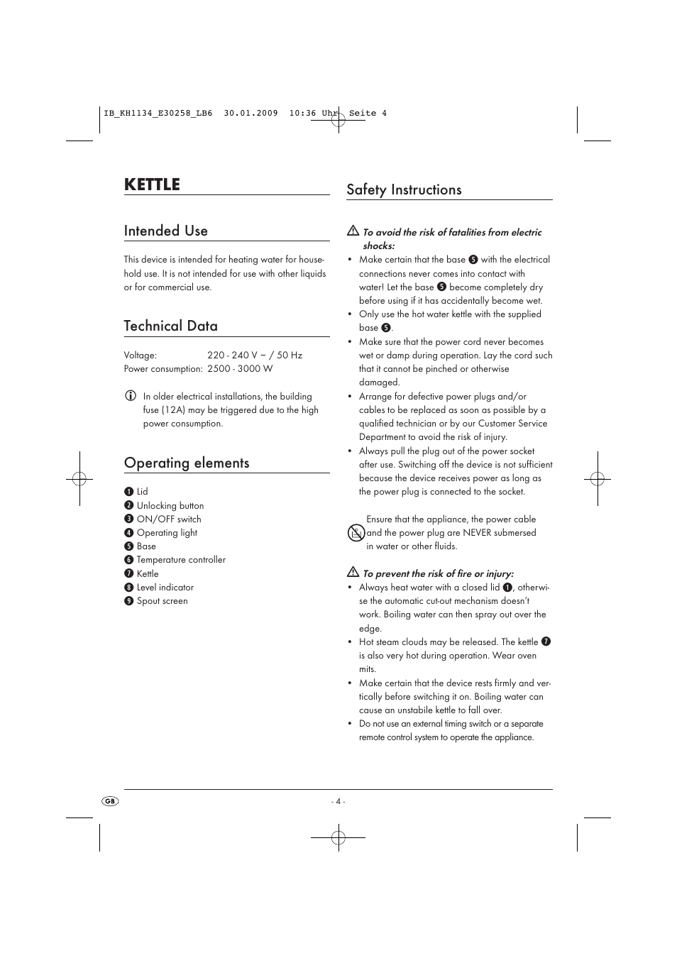 Kettle, Intended use, Technical data | Operating elements, Safety instructions | Kompernass KH 1134 User Manual | Page 4 / 7