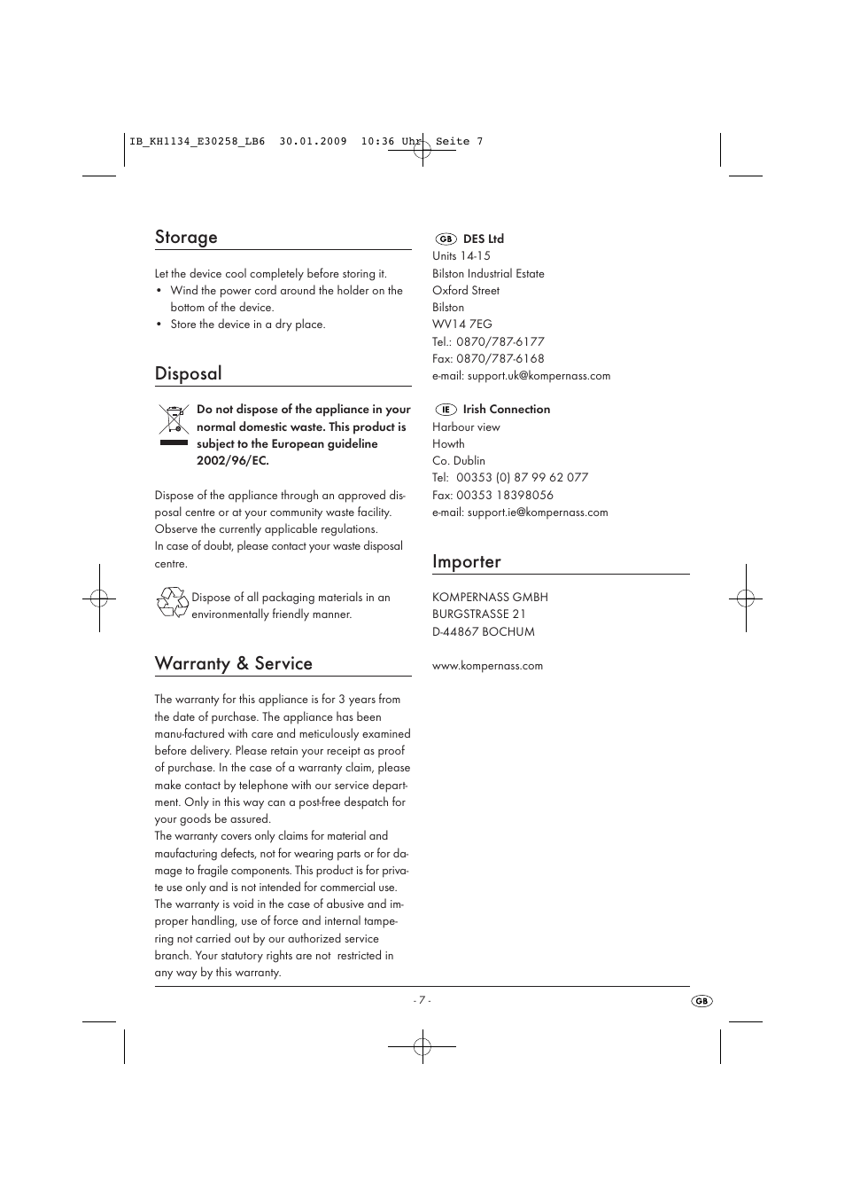 Storage, Disposal, Warranty & service | Importer | Kompernass KH 1134 User Manual | Page 7 / 7