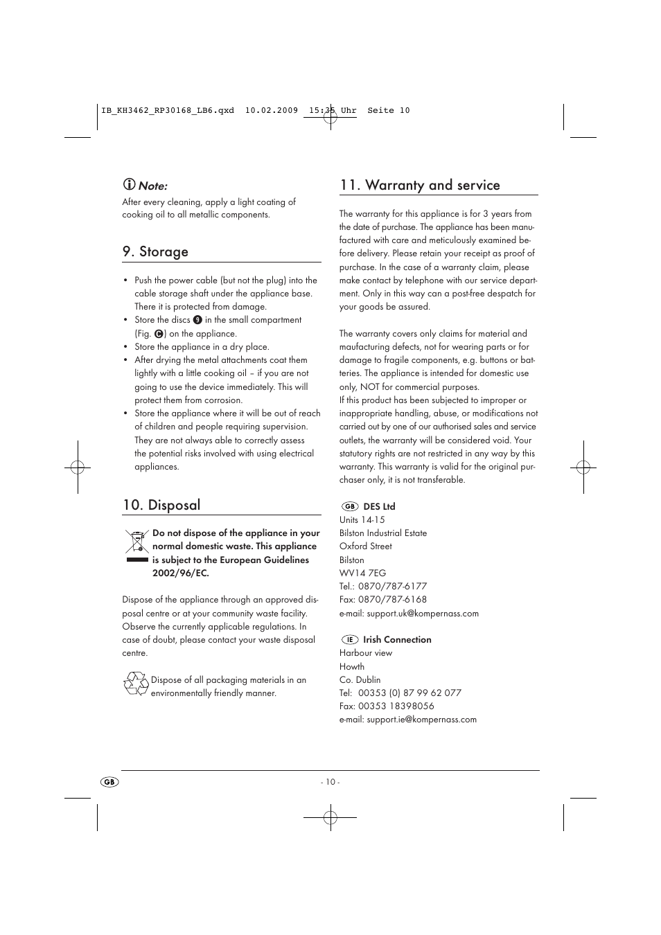 Storage, Disposal, Warranty and service | Kompernass KH 3462 User Manual | Page 10 / 12