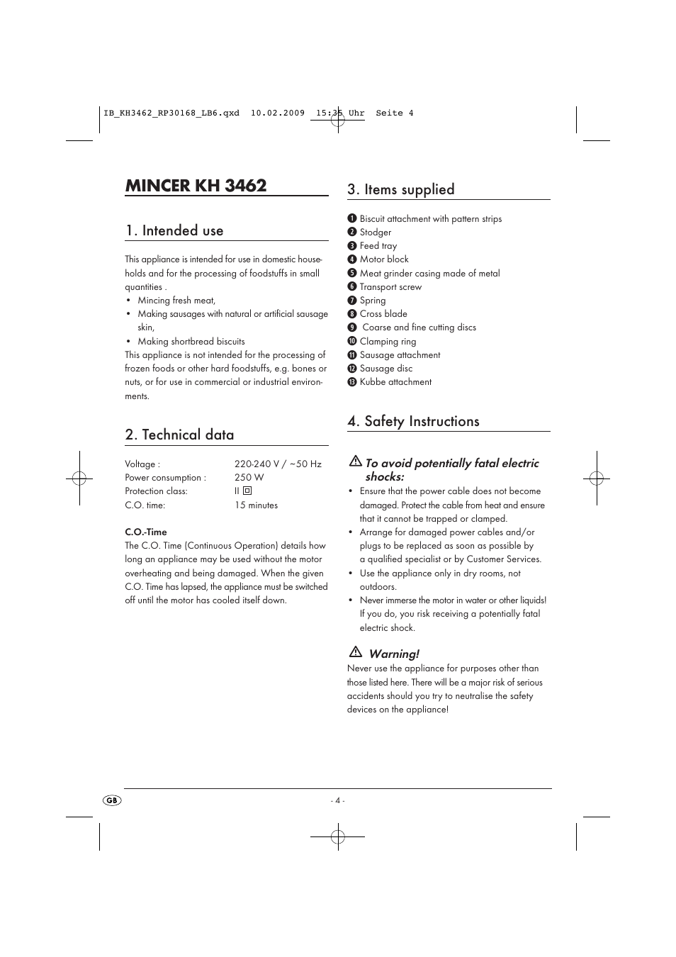 Mincer kh 3462, Intended use, Technical data | Items supplied, Safety instructions | Kompernass KH 3462 User Manual | Page 4 / 12