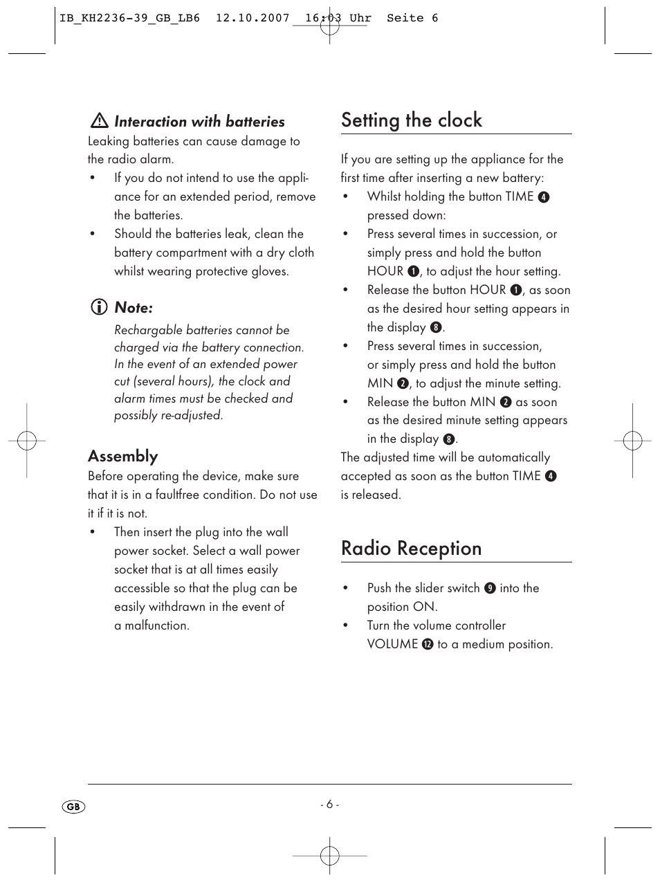 Setting the clock, Radio reception | Kompernass KH 2236 User Manual | Page 8 / 12
