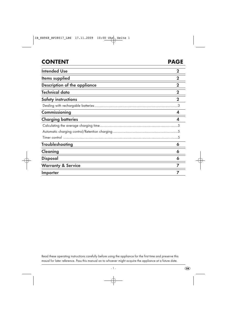 Content page | Kompernass TRONIC KH 968 User Manual | Page 3 / 10