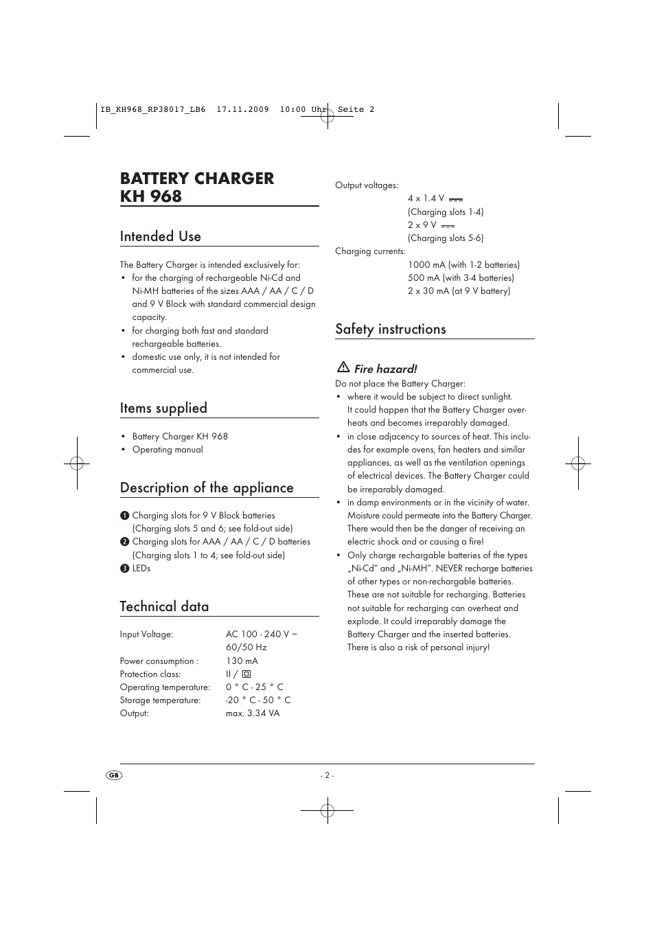 Battery charger kh 968, Intended use, Items supplied | Description of the appliance, Technical data, Safety instructions | Kompernass TRONIC KH 968 User Manual | Page 4 / 10