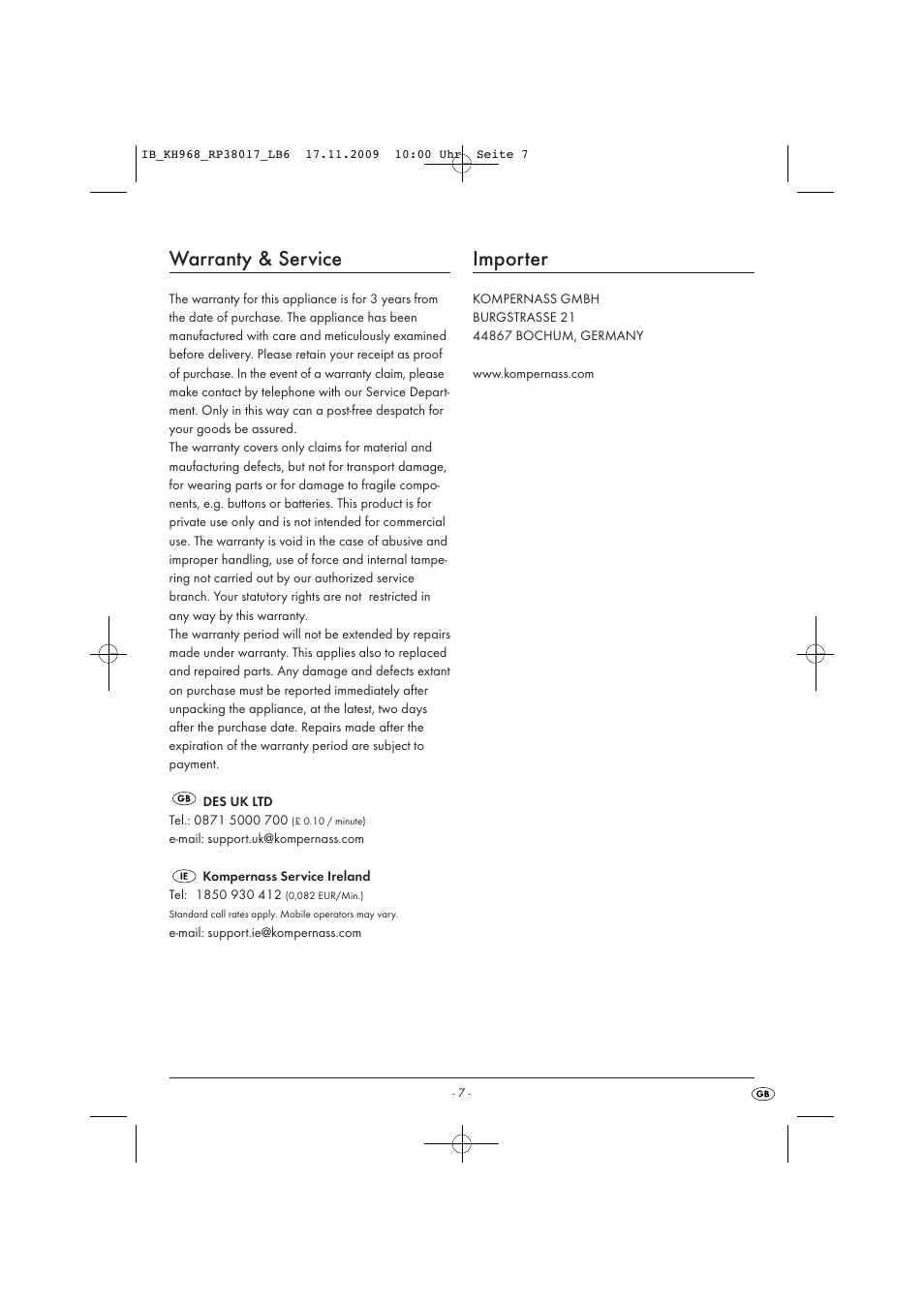 Warranty & service, Importer | Kompernass TRONIC KH 968 User Manual | Page 9 / 10