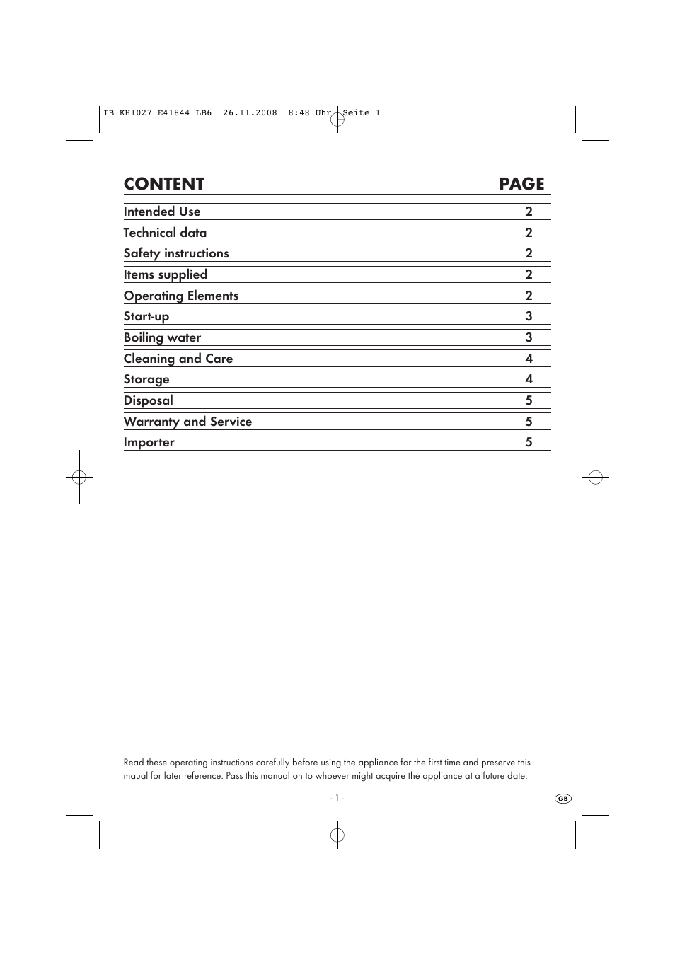 Content page | Kompernass KH 1027 User Manual | Page 3 / 8