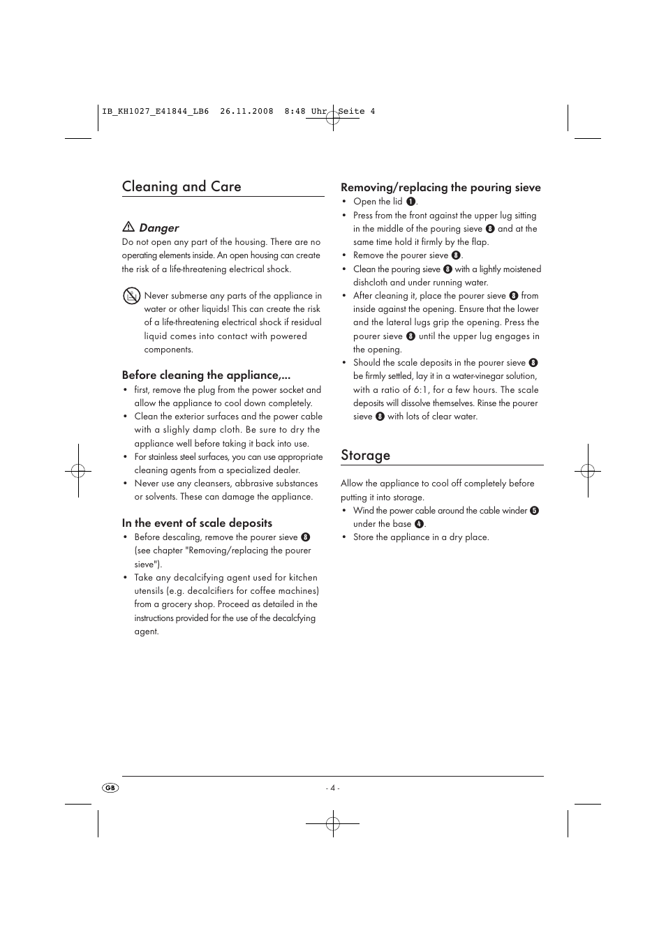 Cleaning and care, Storage | Kompernass KH 1027 User Manual | Page 6 / 8