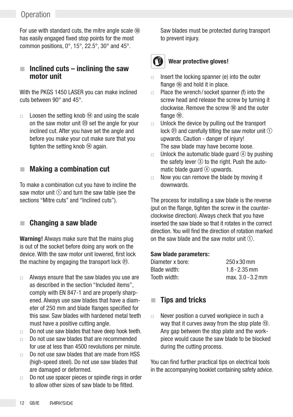 Operation, Inclined cuts – inclining the saw motor unit, Making a combination cut | Changing a saw blade, Tips and tricks | Kompernass PKGS1450 User Manual | Page 10 / 14