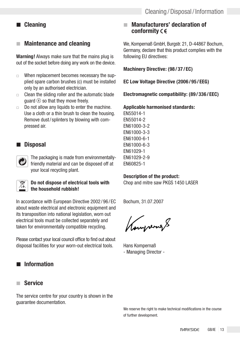 Cleaning / disposal / information, Cleaning, Maintenance and cleaning | Disposal, Information, Service, Manufacturers’ declaration of conformity | Kompernass PKGS1450 User Manual | Page 11 / 14