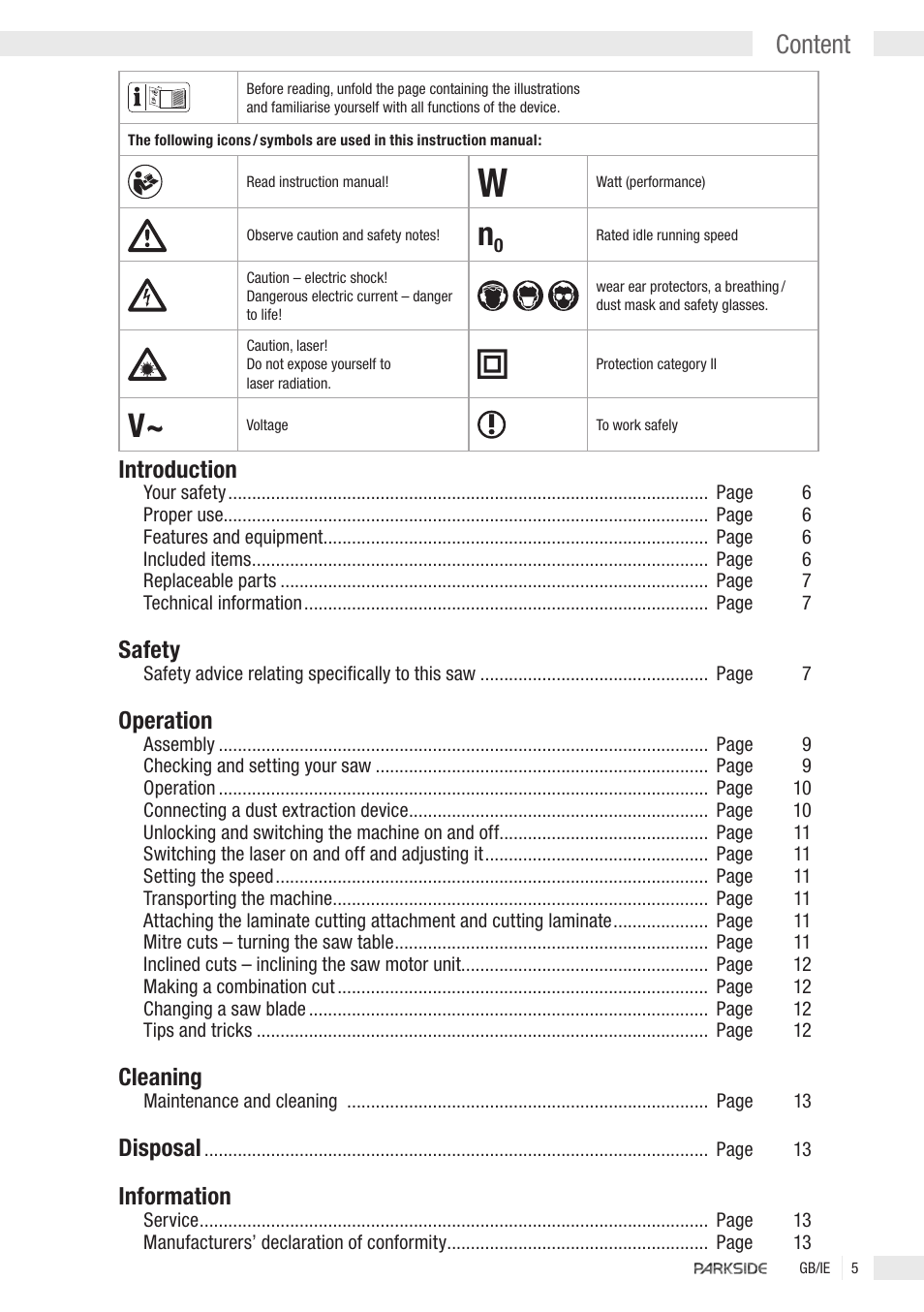 Content, Introduction, Safety | Operation, Cleaning, Disposal, Information | Kompernass PKGS1450 User Manual | Page 3 / 14