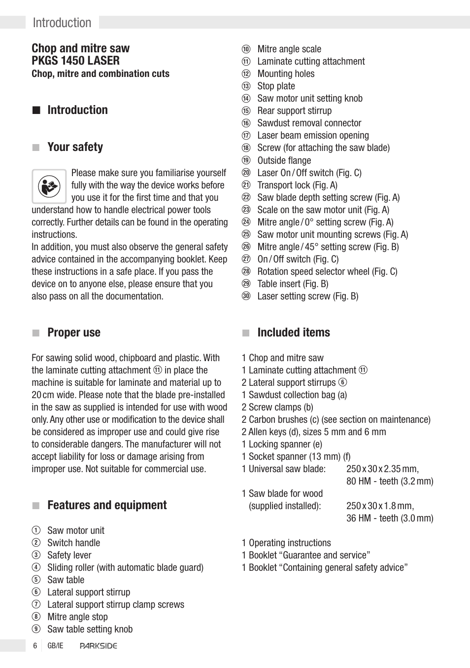 Introduction, Chop and mitre saw pkgs 1450 laser, Your safety | Proper use, Features and equipment, Included items | Kompernass PKGS1450 User Manual | Page 4 / 14