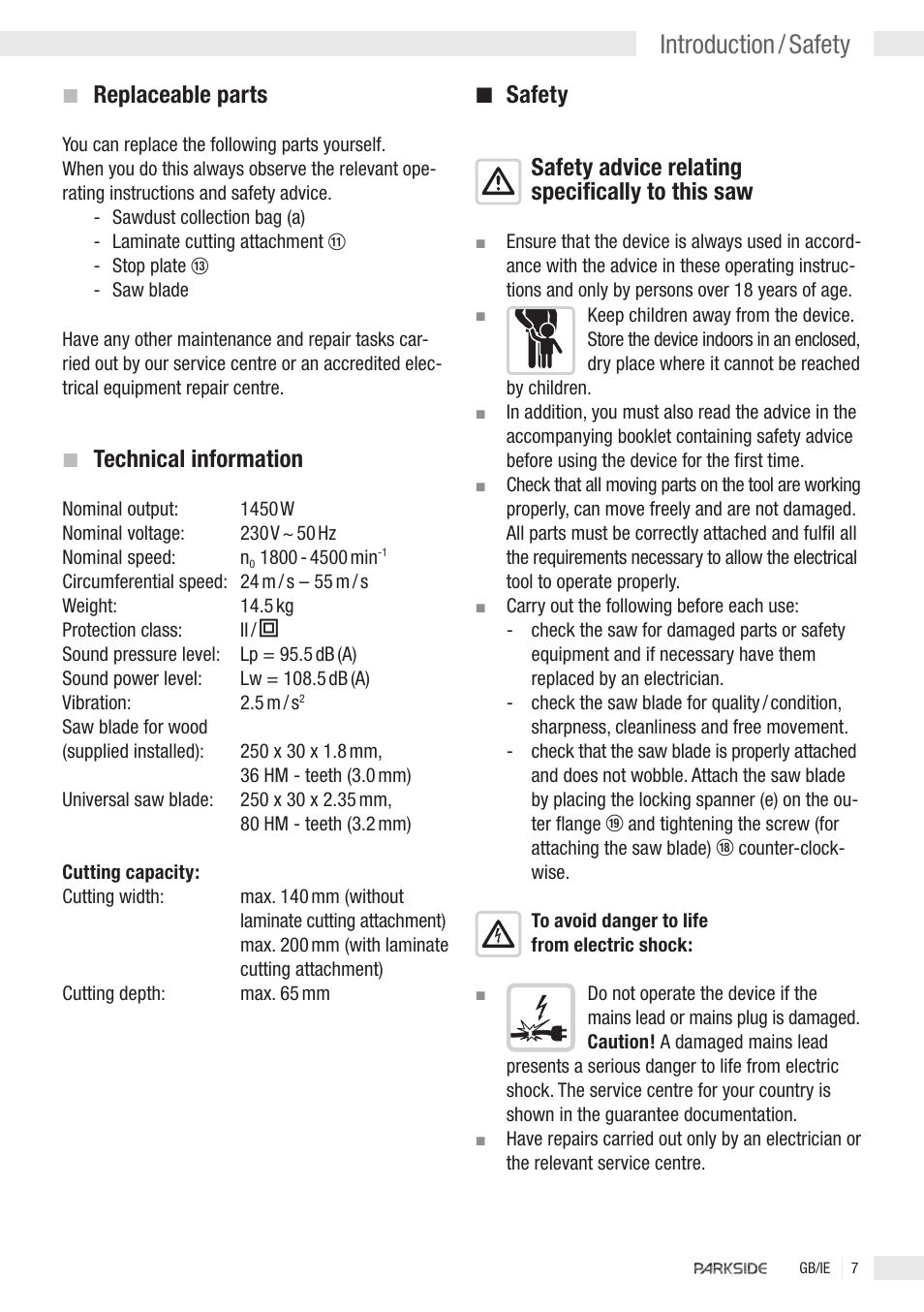 Introduction / safety, Replaceable parts, Technical information | Kompernass PKGS1450 User Manual | Page 5 / 14