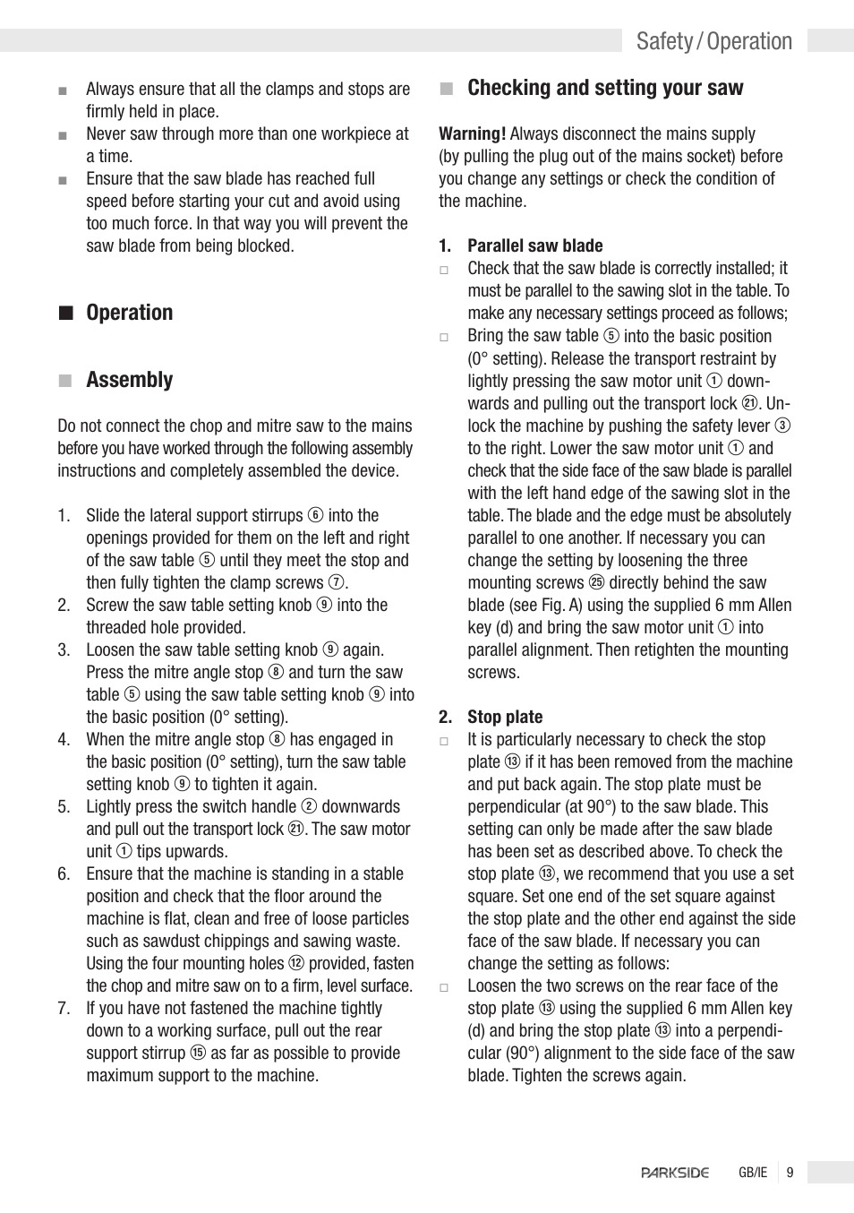 Safety / operation, Operation, Assembly | Checking and setting your saw | Kompernass PKGS1450 User Manual | Page 7 / 14