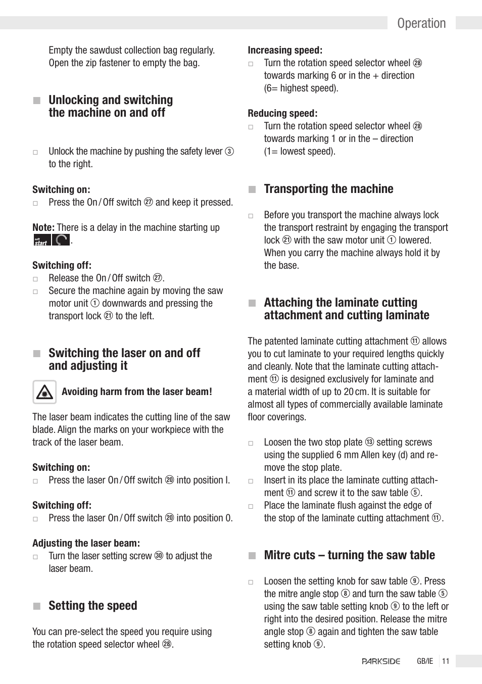 Operation, Unlocking and switching the machine on and off, Switching the laser on and off and adjusting it | Setting the speed, Transporting the machine, Mitre cuts – turning the saw table | Kompernass PKGS1450 User Manual | Page 9 / 14