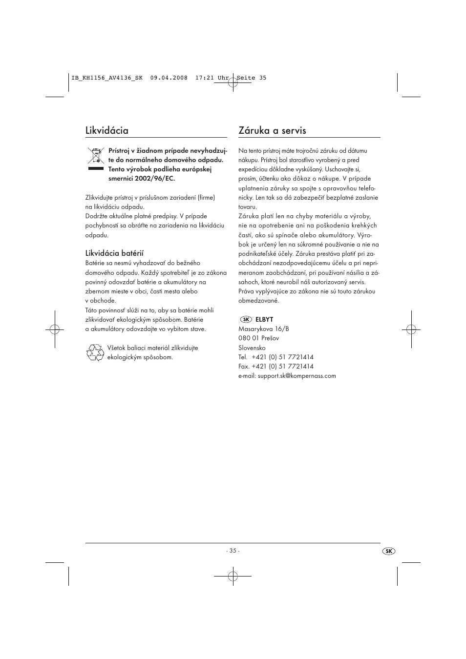 Likvidácia, Záruka a servis | Kompernass KH 1156 User Manual | Page 37 / 52
