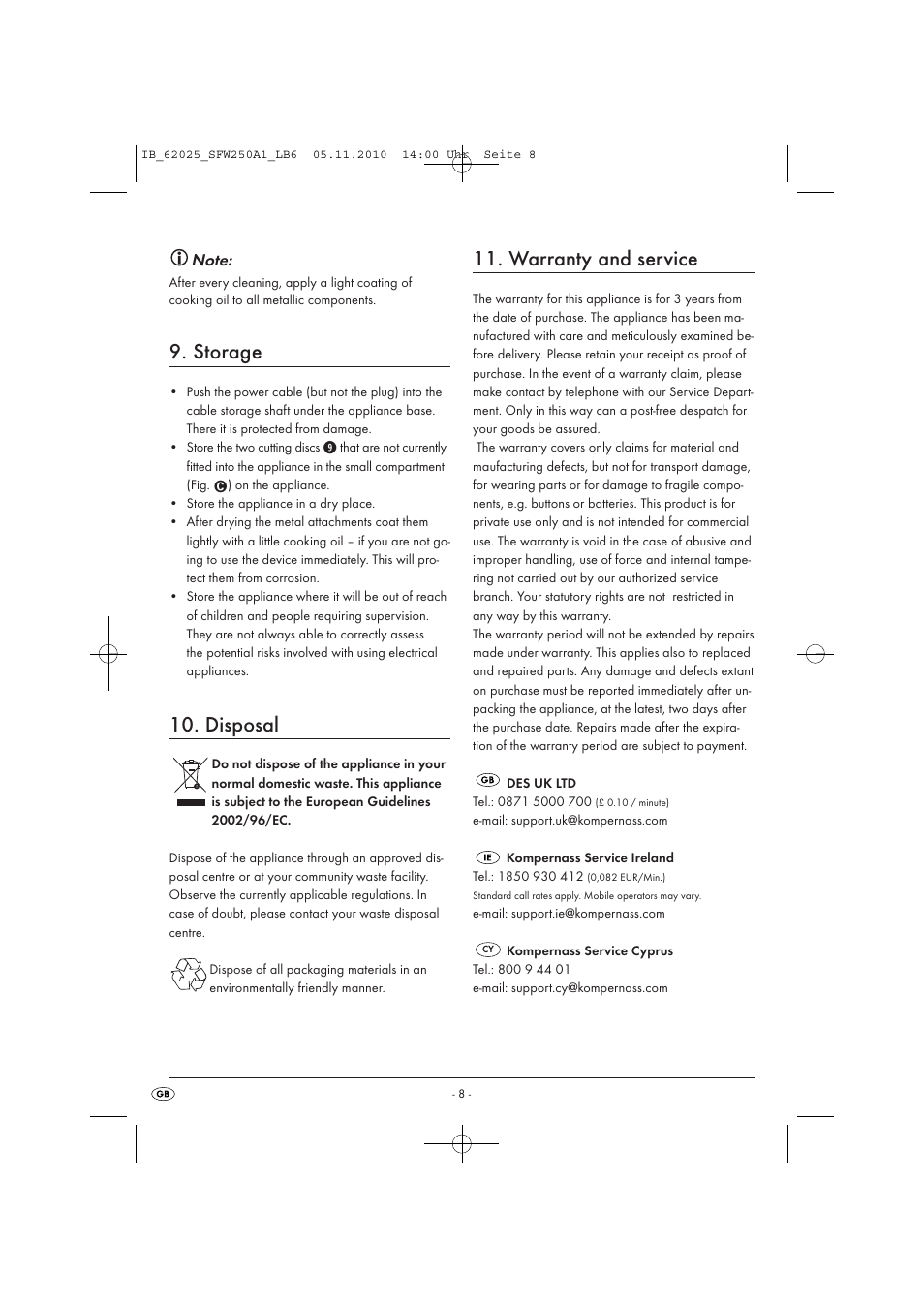 Storage, Disposal, Warranty and service | Kompernass SFW 250 A1 User Manual | Page 10 / 12