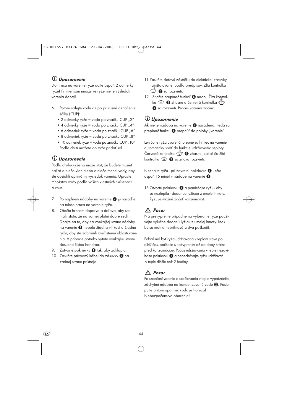 Upozornenie, Pozor | Kompernass KH 1557 User Manual | Page 46 / 65