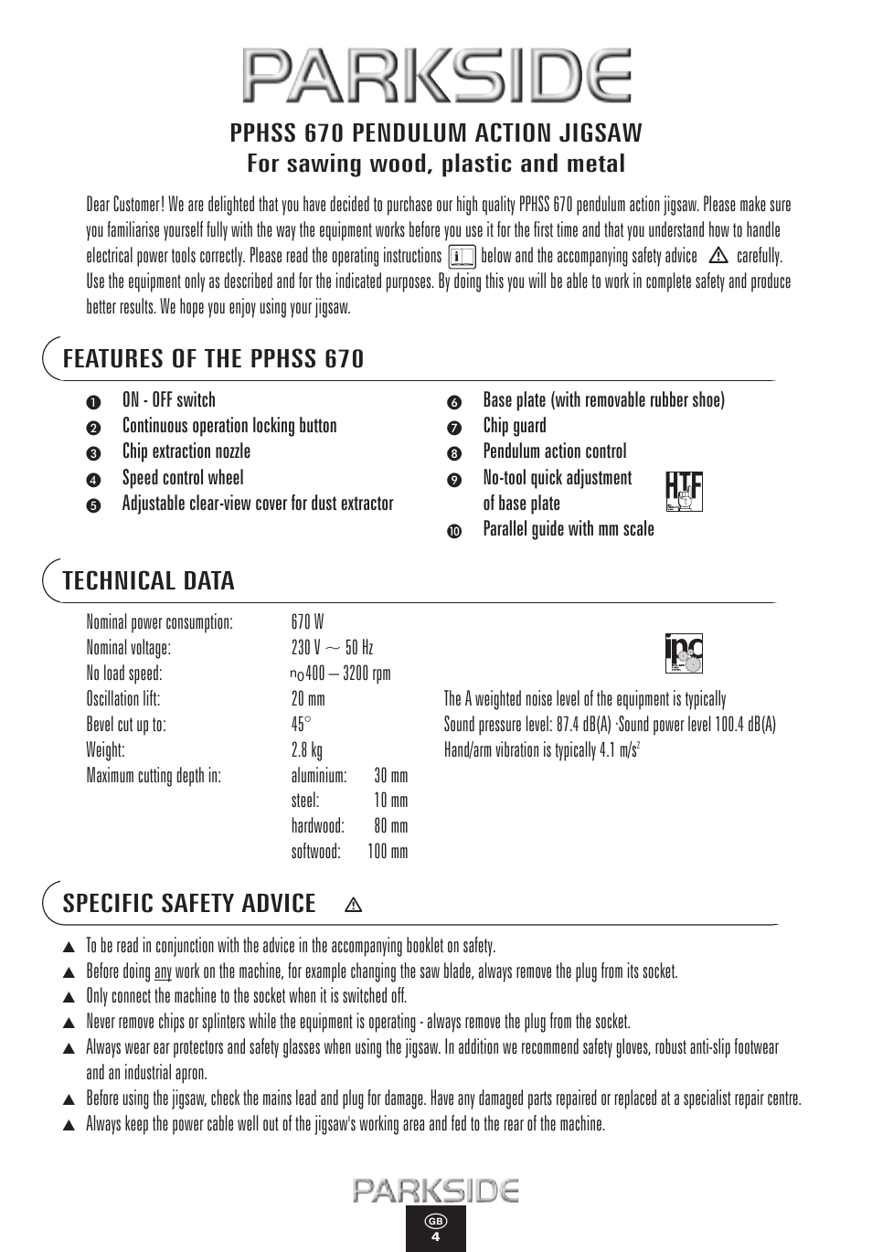 Features of the pphss 670, Technical data, Specific safety advice | Kompernass PPHSS 670 User Manual | Page 4 / 12