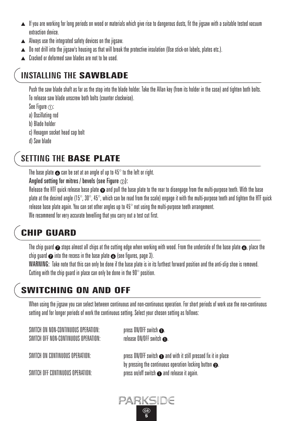 Installing the sawblade, Setting the base plate, Chip guard | Switching on and off | Kompernass PPHSS 670 User Manual | Page 5 / 12