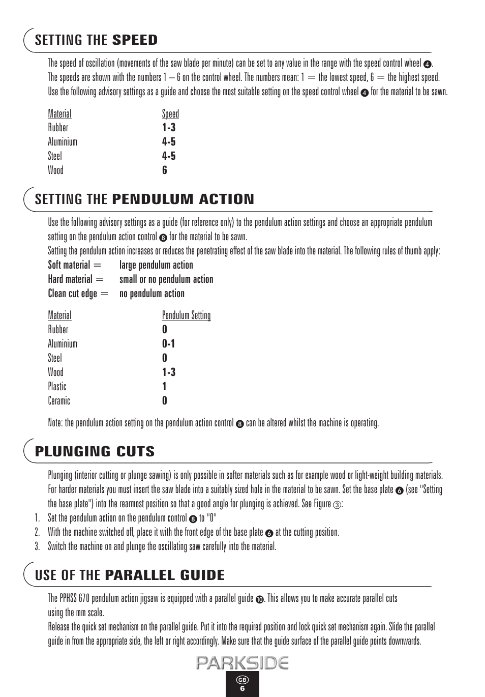 Setting the speed, Setting the pendulum action, Plunging cuts | Use of the parallel guide | Kompernass PPHSS 670 User Manual | Page 6 / 12