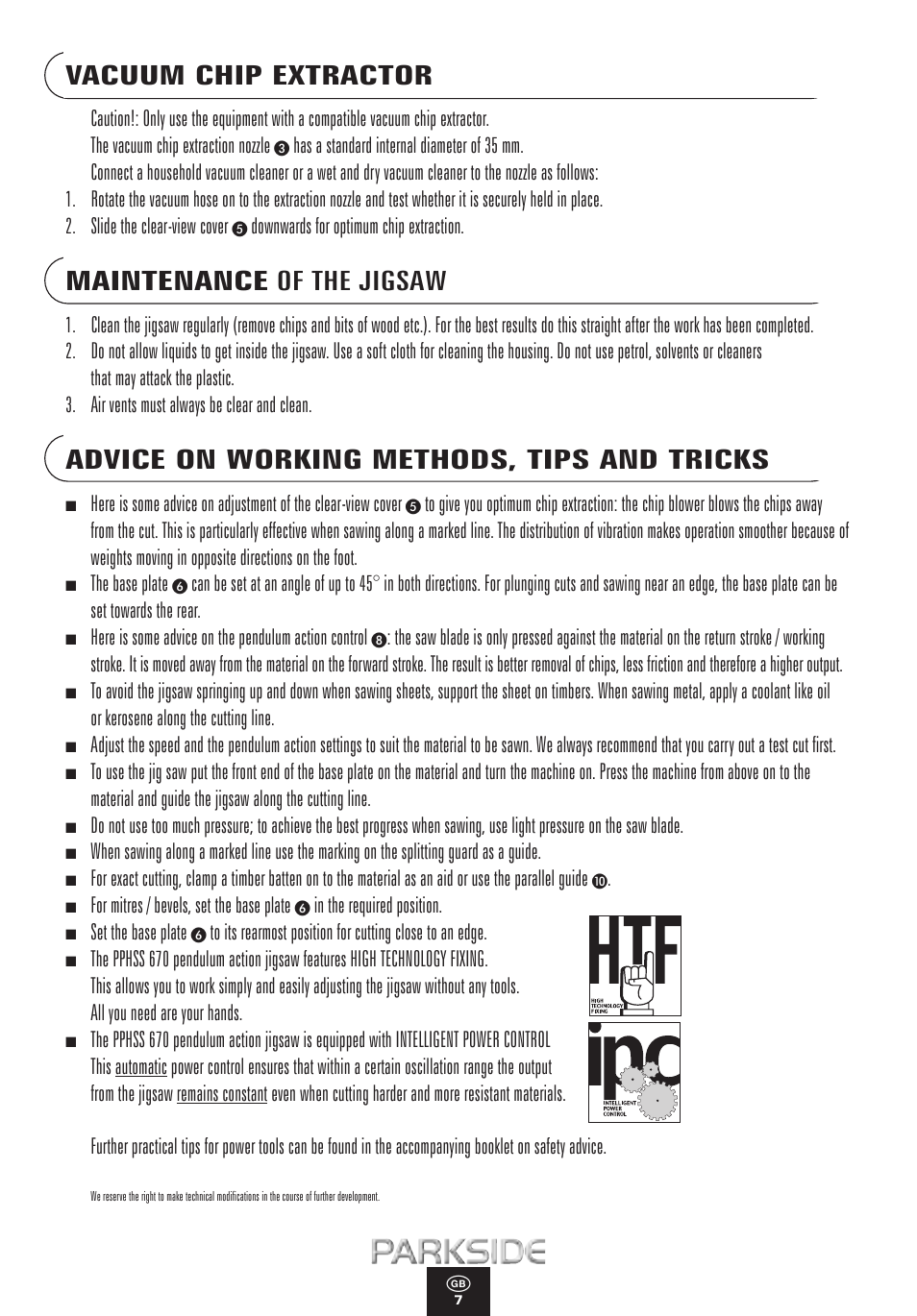 Vacuum chip extractor, Maintenance of the jigsaw, Advice on working methods, tips and tricks | Kompernass PPHSS 670 User Manual | Page 7 / 12