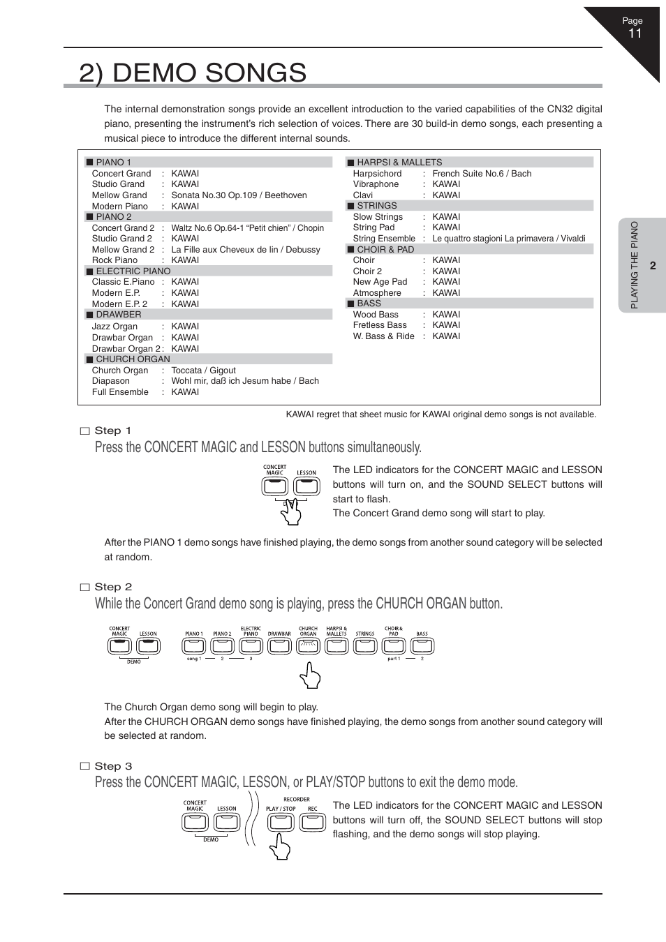 2) demo songs | Kawai CN32 User Manual | Page 11 / 68