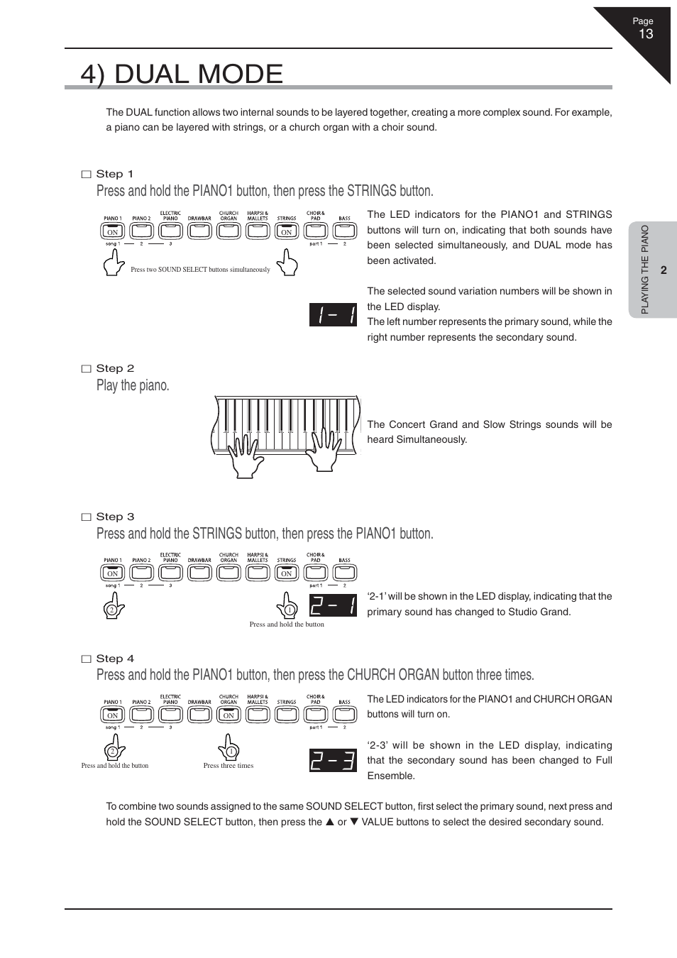 4) dual mode, Play the piano | Kawai CN32 User Manual | Page 13 / 68