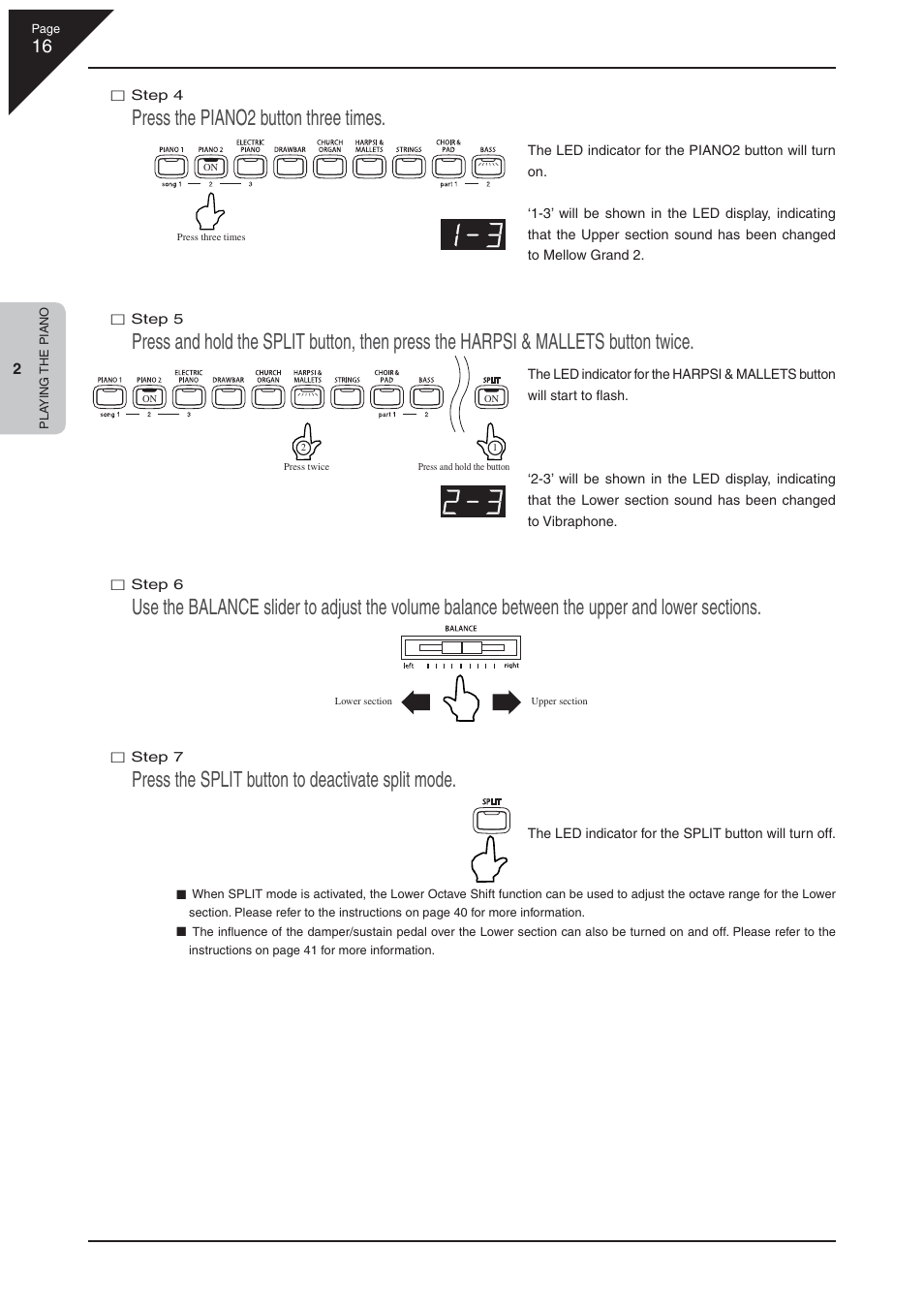 Press the piano2 button three times, Press the split button to deactivate split mode | Kawai CN32 User Manual | Page 16 / 68