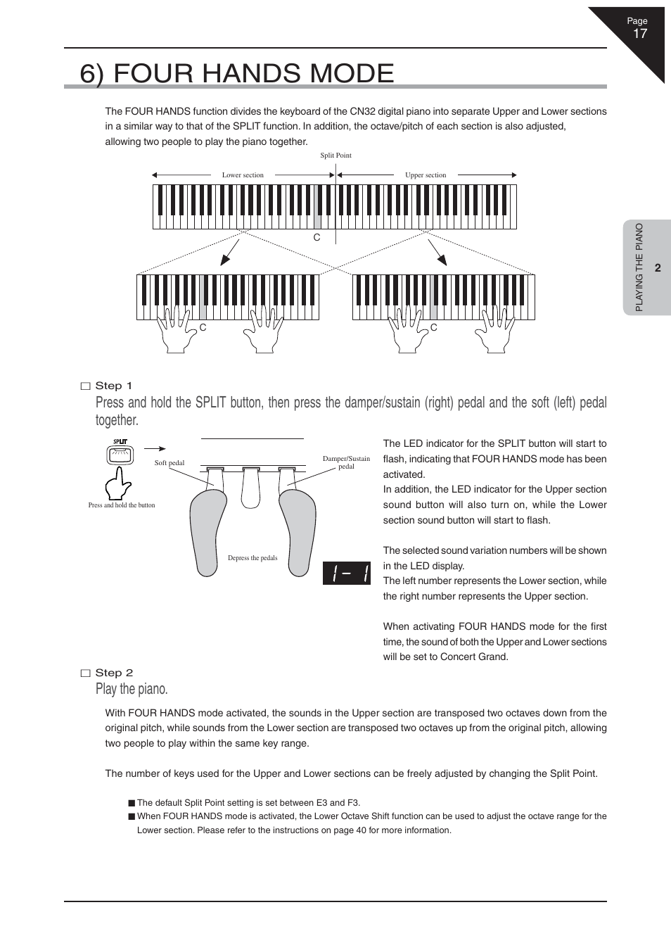 6) four hands mode, Play the piano | Kawai CN32 User Manual | Page 17 / 68