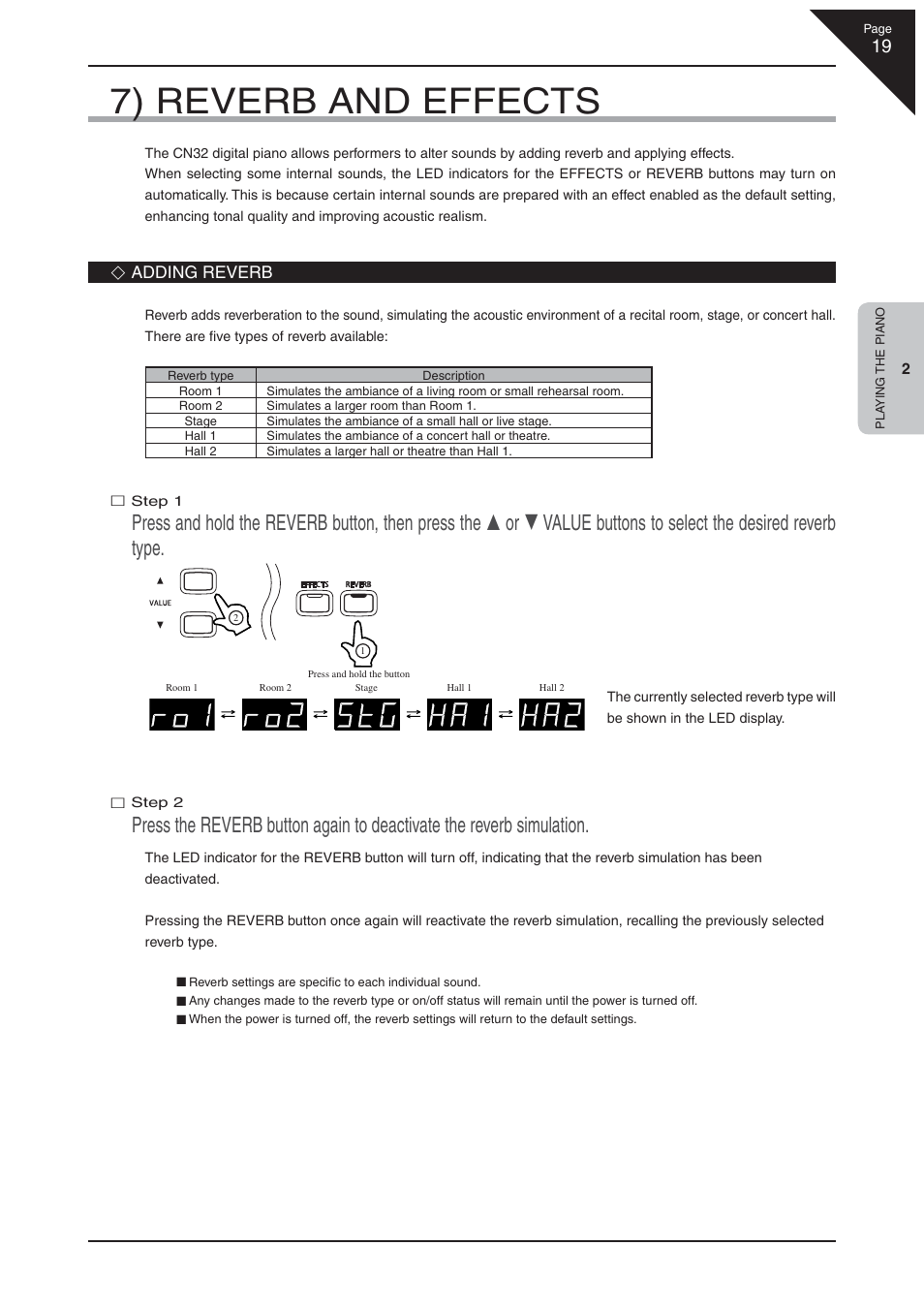 7) reverb and effects | Kawai CN32 User Manual | Page 19 / 68