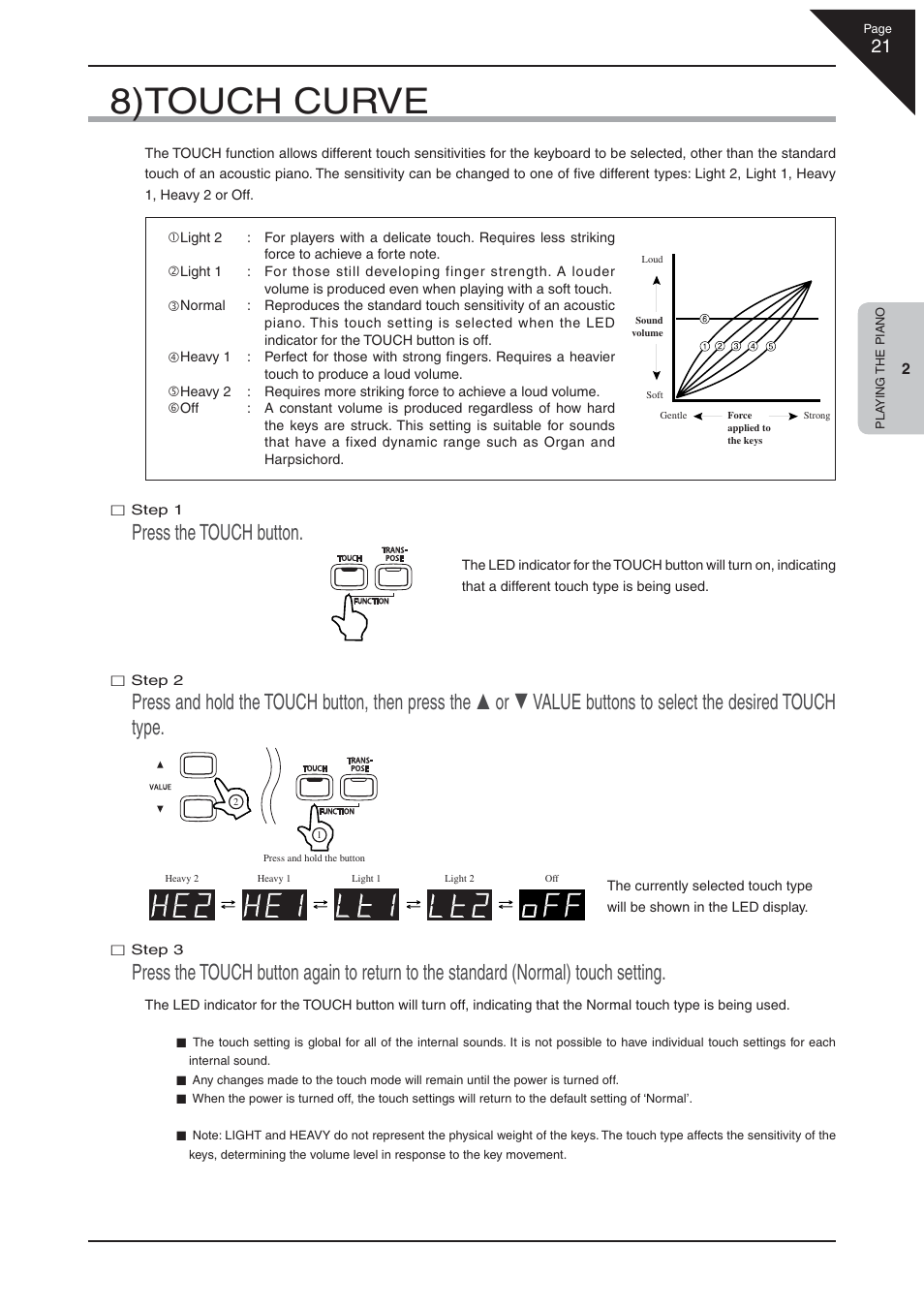 8)touch curve, Press the touch button | Kawai CN32 User Manual | Page 21 / 68