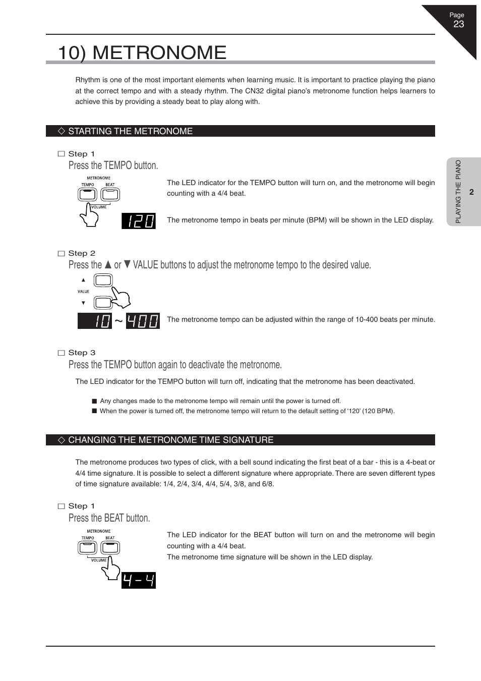 10) metronome, Press the tempo button, Press the beat button | Kawai CN32 User Manual | Page 23 / 68