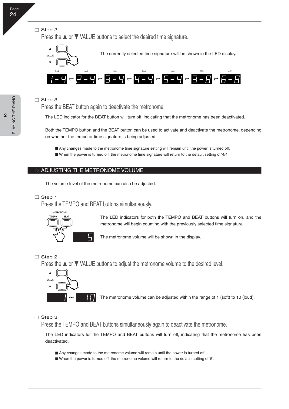 Press the tempo and beat buttons simultaneously | Kawai CN32 User Manual | Page 24 / 68