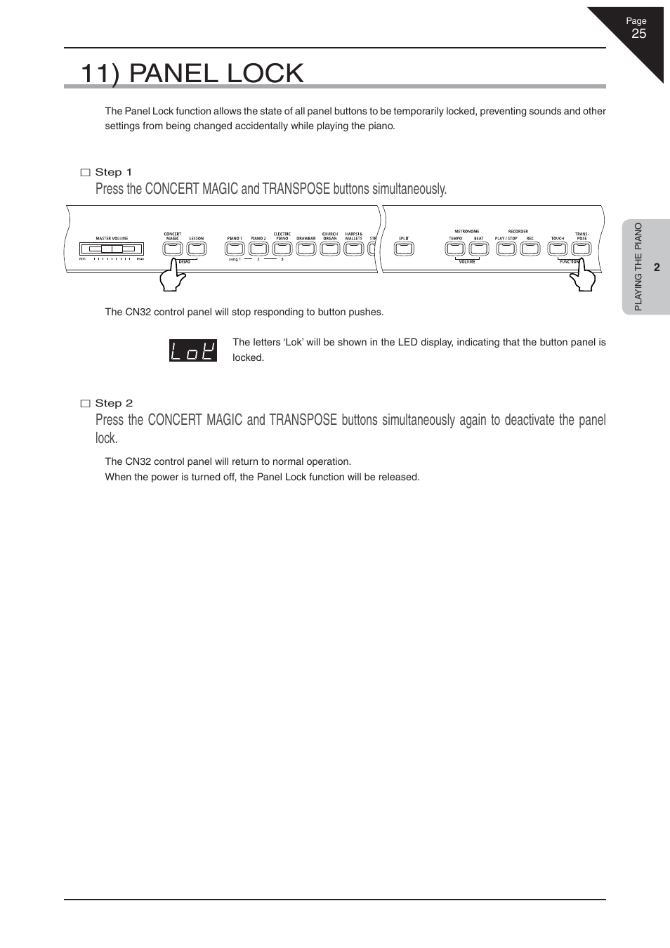 11) panel lock | Kawai CN32 User Manual | Page 25 / 68