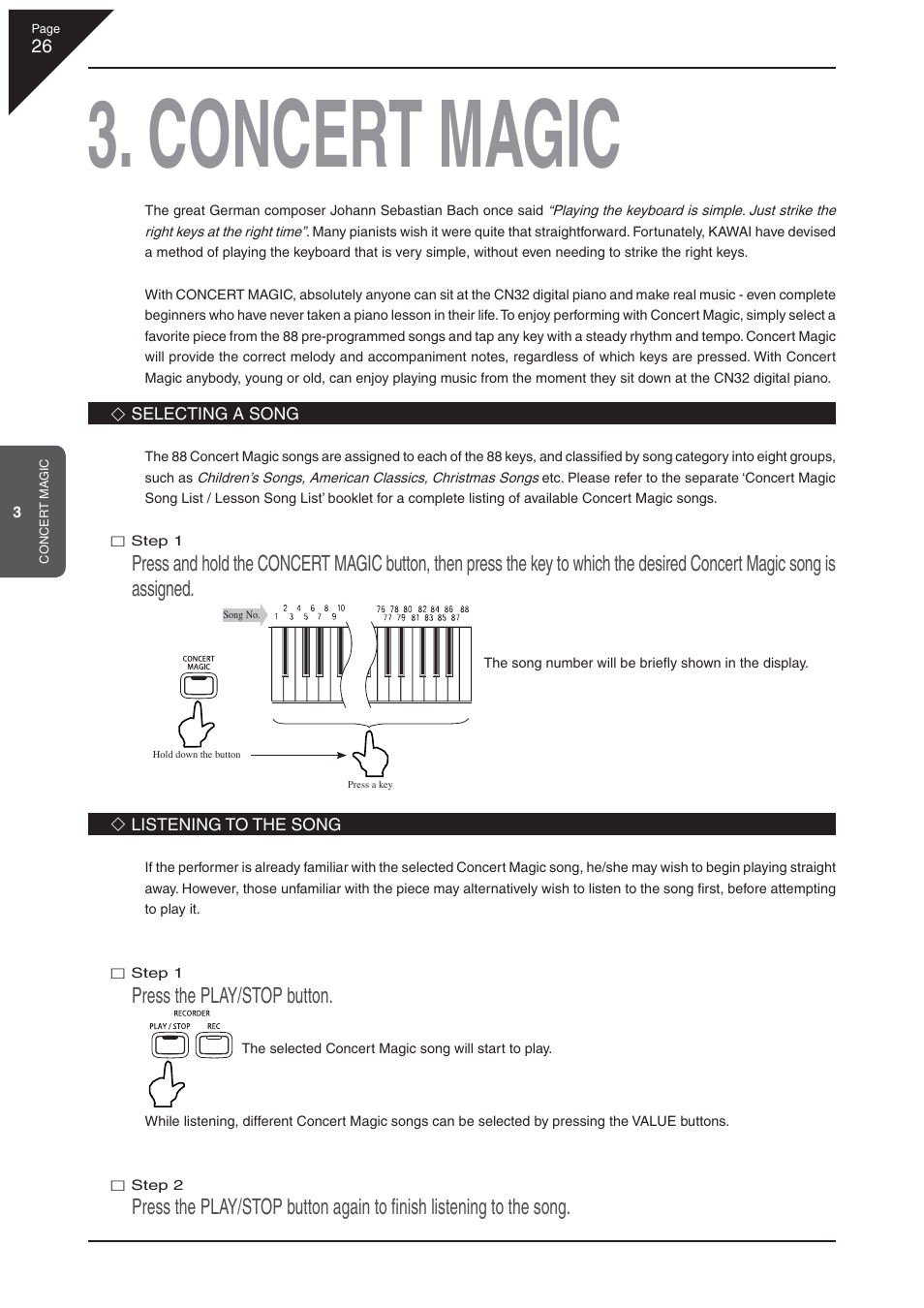 Concert magic, Press the play/stop button | Kawai CN32 User Manual | Page 26 / 68