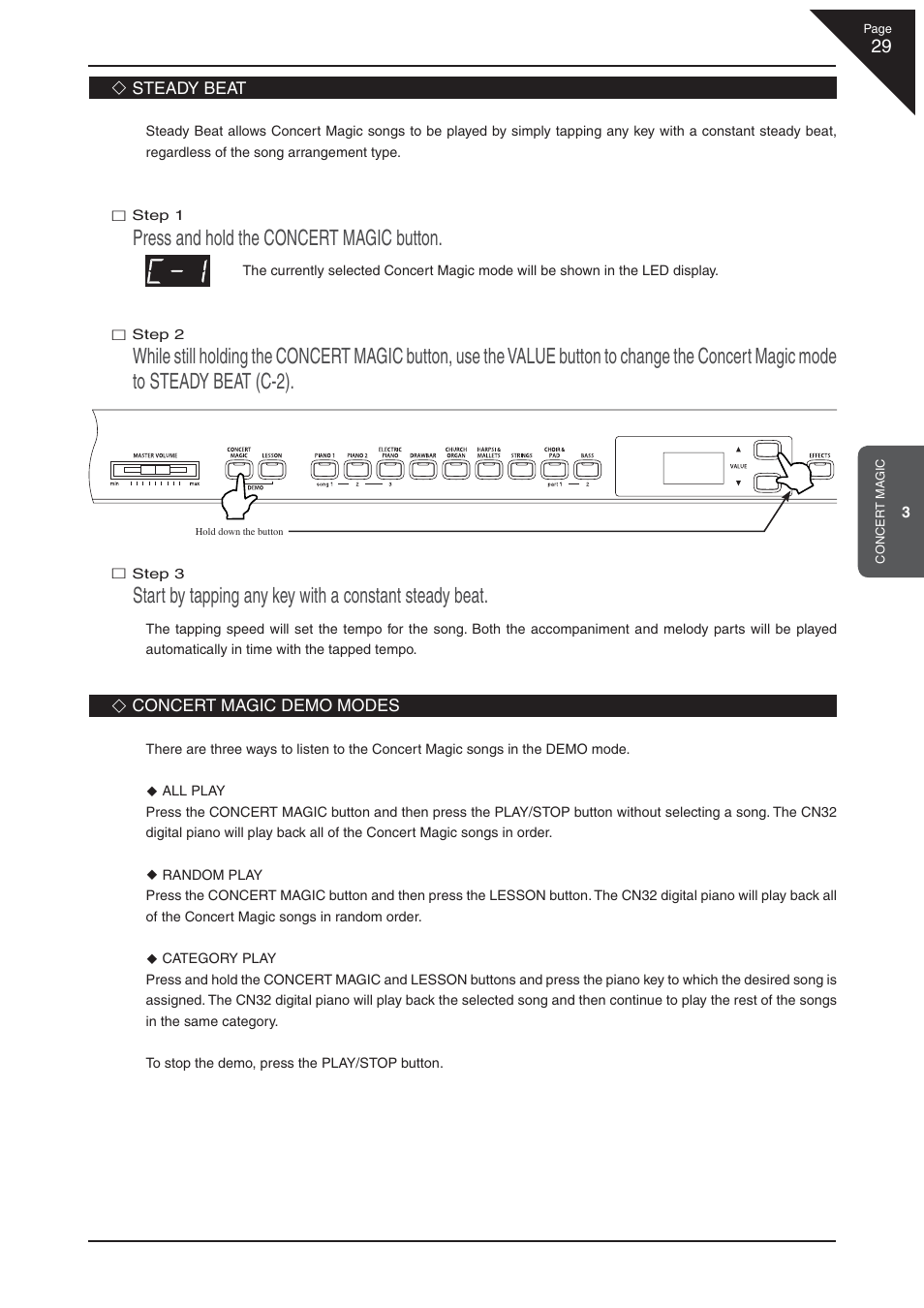 Press and hold the concert magic button | Kawai CN32 User Manual | Page 29 / 68