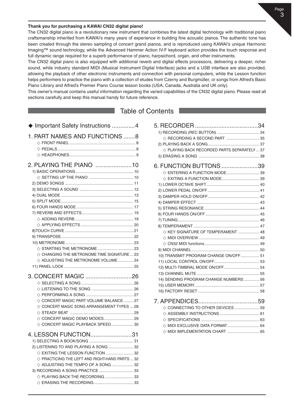 Kawai CN32 User Manual | Page 3 / 68