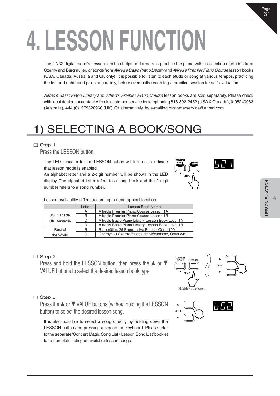 Lesson function, 1) selecting a book/song, Press the lesson button | Kawai CN32 User Manual | Page 31 / 68