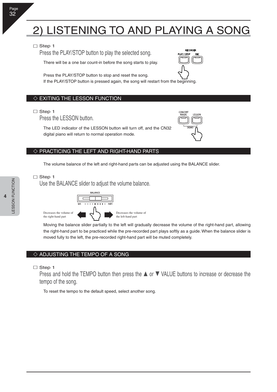 2) listening to and playing a song, Press the lesson button | Kawai CN32 User Manual | Page 32 / 68