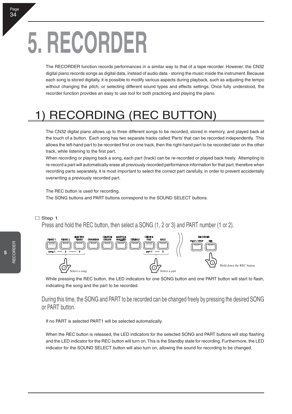 Recorder, 1) recording (rec button) | Kawai CN32 User Manual | Page 34 / 68