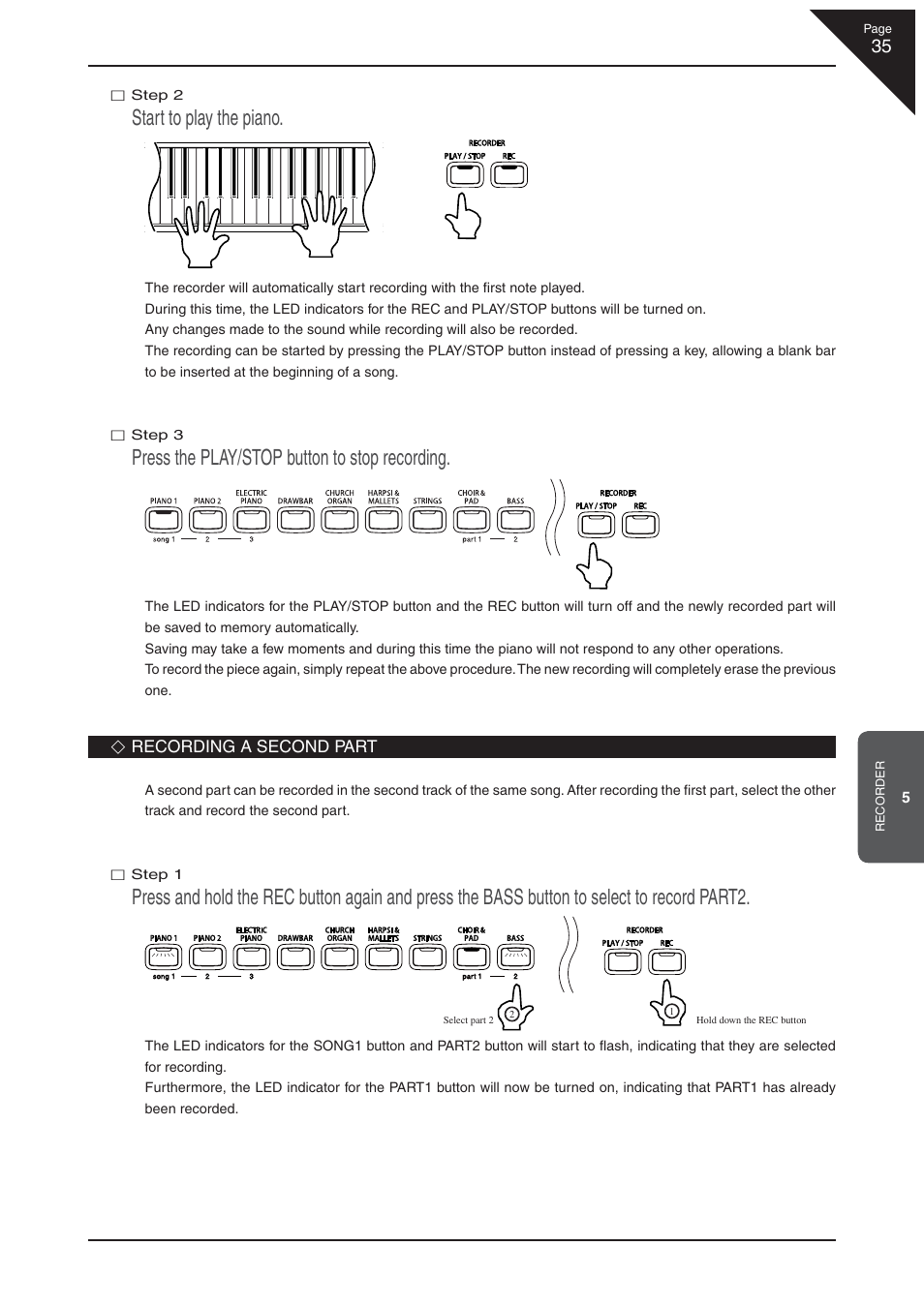 Start to play the piano, Press the play/stop button to stop recording | Kawai CN32 User Manual | Page 35 / 68
