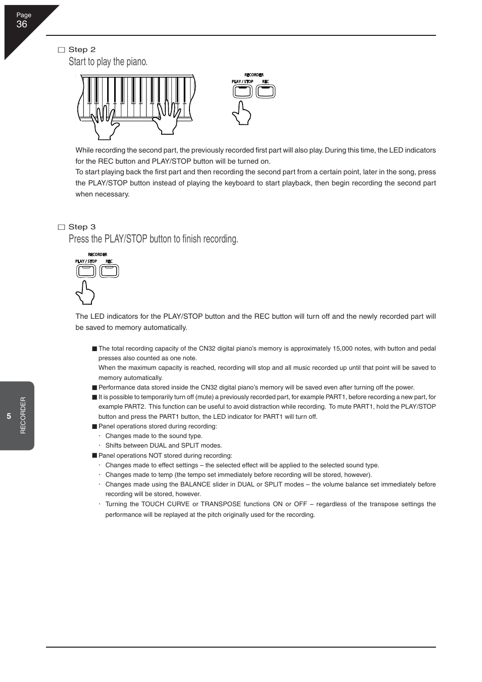 Start to play the piano, Press the play/stop button to ﬁ nish recording | Kawai CN32 User Manual | Page 36 / 68