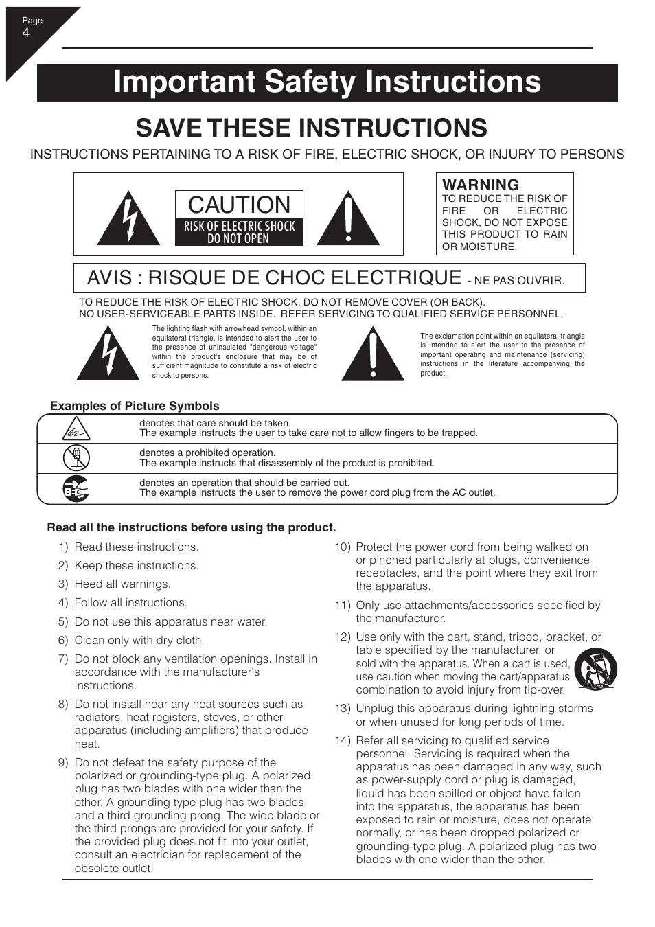 Important safety instructions, Save these instructions, Caution | Avis : risque de choc electrique, Warning | Kawai CN32 User Manual | Page 4 / 68