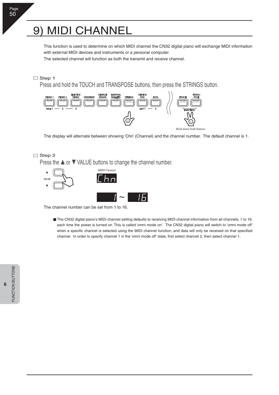 9) midi channel | Kawai CN32 User Manual | Page 50 / 68
