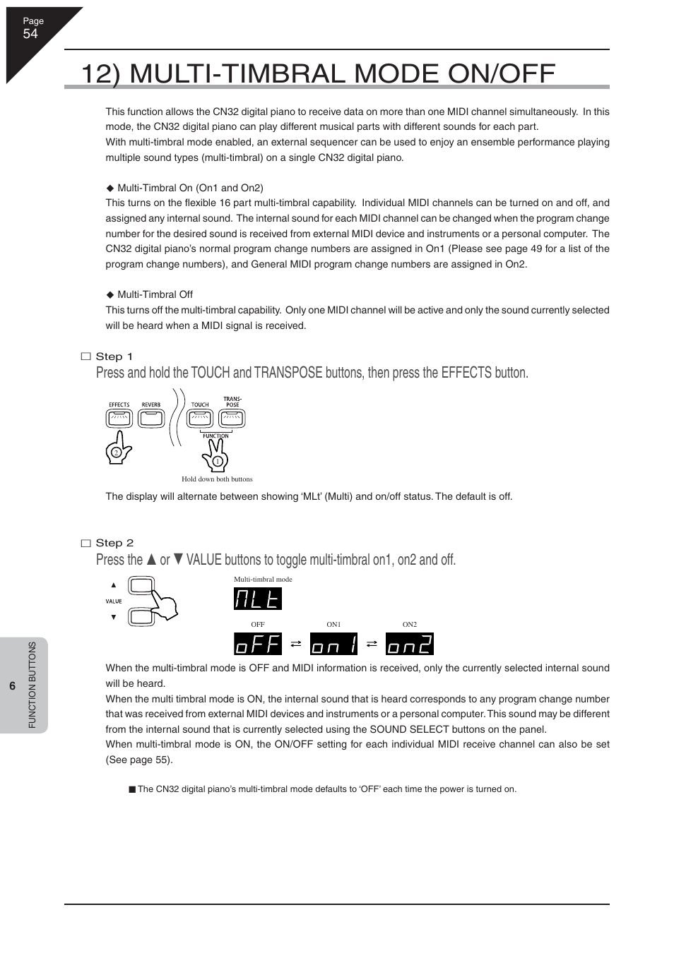 12) multi-timbral mode on/off | Kawai CN32 User Manual | Page 54 / 68