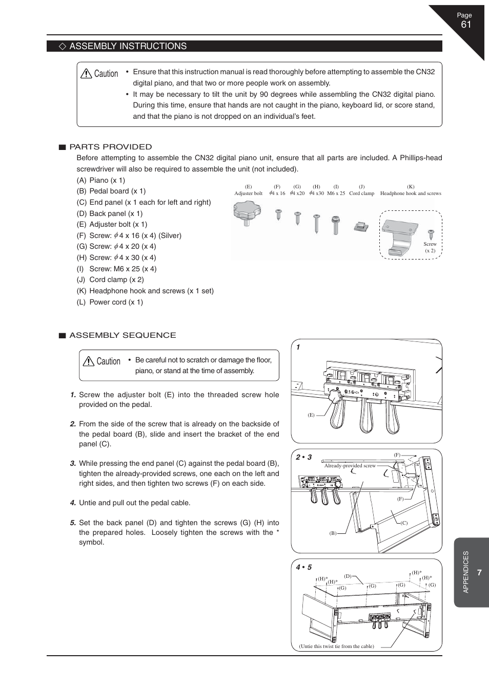 Caution, Assembly instructions | Kawai CN32 User Manual | Page 61 / 68